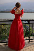 Robe de bal longue en tulle rouge, coupe trapèze, référence Y7771