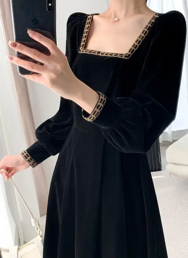 Robe en velours pour femme, manches longues, col carré, élégante, moulante, patchwork, robe de soirée tendance Y6744