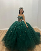 Vestido de baile de tul verde con mariposas, vestido para quinceañera, vestido verde Y2344