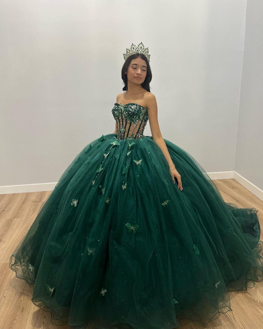 Robe de bal en tulle vert à papillons, robe de Sweet 16, robe de quinceañera verte Y2344