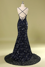 Vestido de noche azul marino con lentejuelas y cuentas, elegante vestido de graduación Y1832