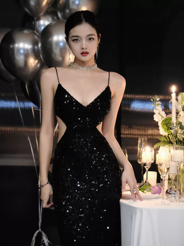 Black Sequins Sparkling Evening Dress Sexy Backless Evening Gown Y1124