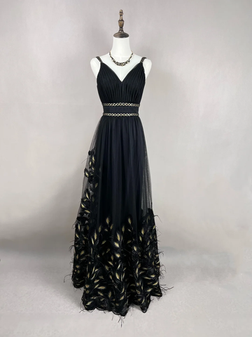 Gorgeous Black Tulle Gold Silk Feathers A Line Prom Dress Formal Evening Dress Y8652