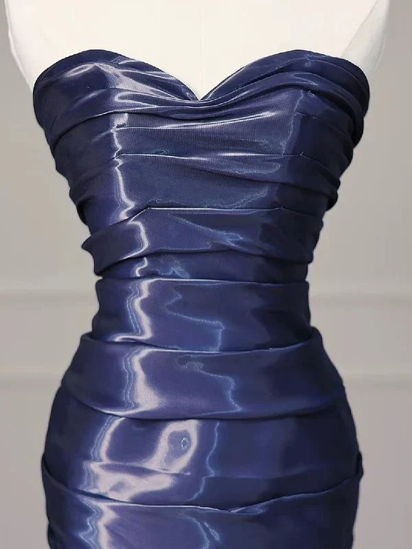 Magnifique robe de soirée sirène bleu marine sans bretelles et plissée Y7987