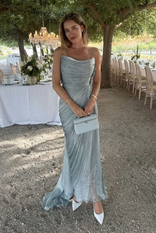 Spaghetti Straps Blue Tulle Pleated Evening Dress Elegant Prom Dress Y8195