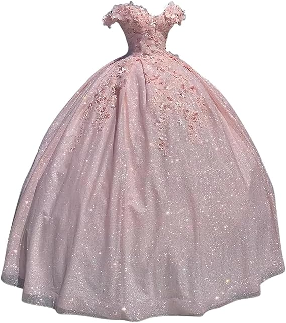 Vestido de gala azul con hombros descubiertos, vestido de graduación brillante con flores S26908