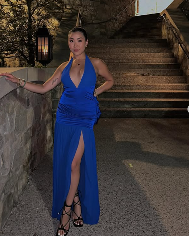 Vestido de noche azul de satén con escote halter y abertura, vestido de gala formal Y7863