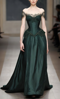 Vestido de noche vintage verde con hombros descubiertos, encaje y satén, vestido de fiesta formal Y7810