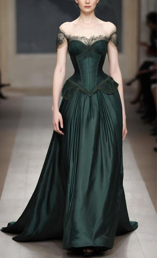Vestido de noche vintage verde con hombros descubiertos, encaje y satén, vestido de fiesta formal Y7810