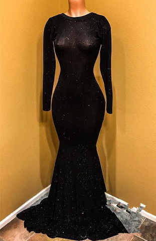 Robe de bal longue noire à paillettes, robe de soirée sirène longue et scintillante dos nu avec traîne Y841