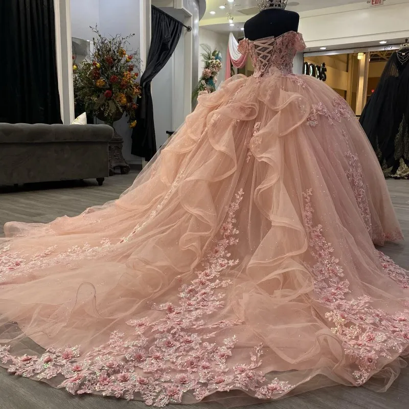 Vestido de gala con apliques rosas brillantes, vestido de princesa rosa Y2341
