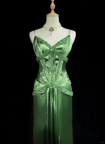 Chic Green Spaghetti Straps Satin Beaded Prom Dress Evening Dress Y8555
