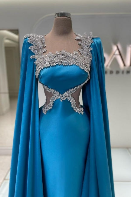 Impresionante vestido largo de fiesta azul satinado con pedrería, vestido de noche de diseñador