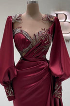 Impresionantes vestidos de fiesta largos de sirena color burdeos con encaje y cuentas, mangas largas
