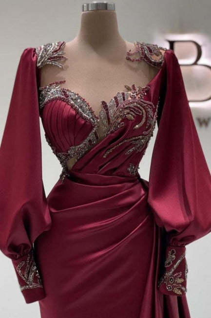 Impresionantes vestidos de fiesta largos de sirena color burdeos con encaje y cuentas, mangas largas