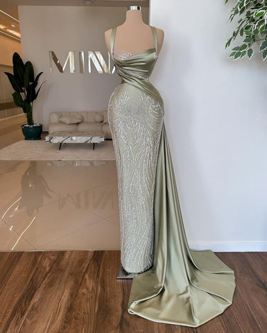 Superbe robe de bal sirène longue sans manches en dentelle, paillettes et perles