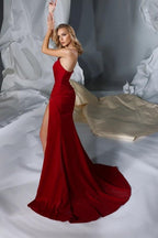Superbe robe de bal sirène longue rouge sans bretelles en satin avec fente