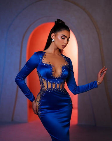 Superbes robes de bal sirène sans bretelles à manches longues en satin perlé