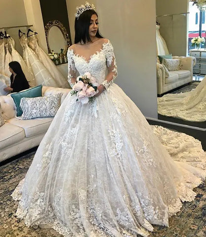 Magnifiques robes de mariée bouffantes, col transparent, manches longues, traîne courte, dentelle perlée, robe de mariée