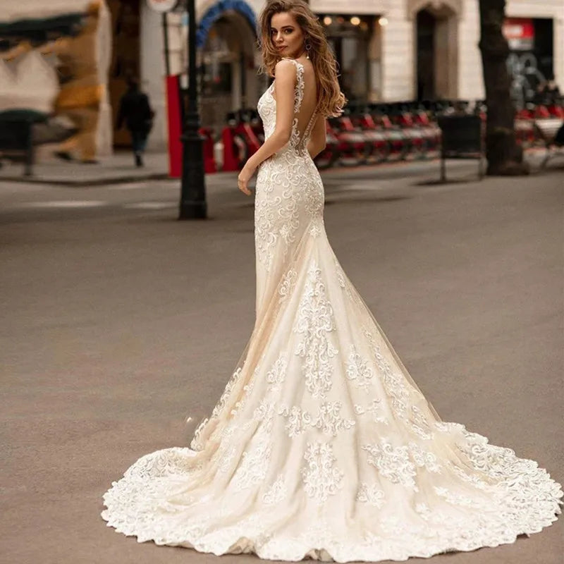 Apliques Vestido De Noiva escote en V profundo sirena Vestidos De Novia Vintage Vestidos De Novia encaje bata De Mariée