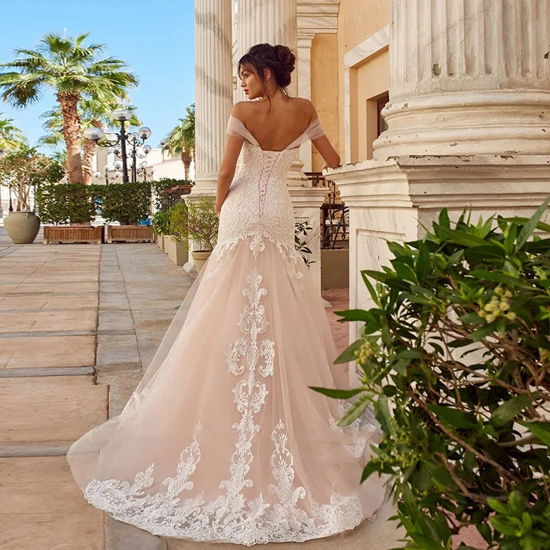 Apliques Vestido De Noiva Sexy espalda descubierta sirena Vestidos De Novia fuera del hombro con cordones Vestidos De Novia bata De encaje