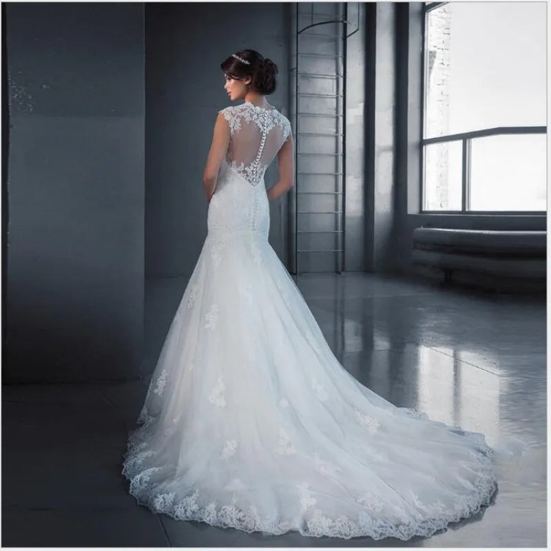 Apliques Vestido De Noiva Vintage espalda descubierta sirena Vestidos De Novia cuello redondo Vestidos De Novia encaje bata De Mariée