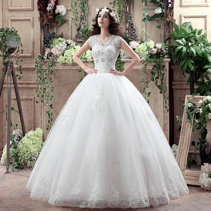 Applqiues Vestido De Noiva Cap manga Vestidos De Novia con cuello en V Vestidos De Novia