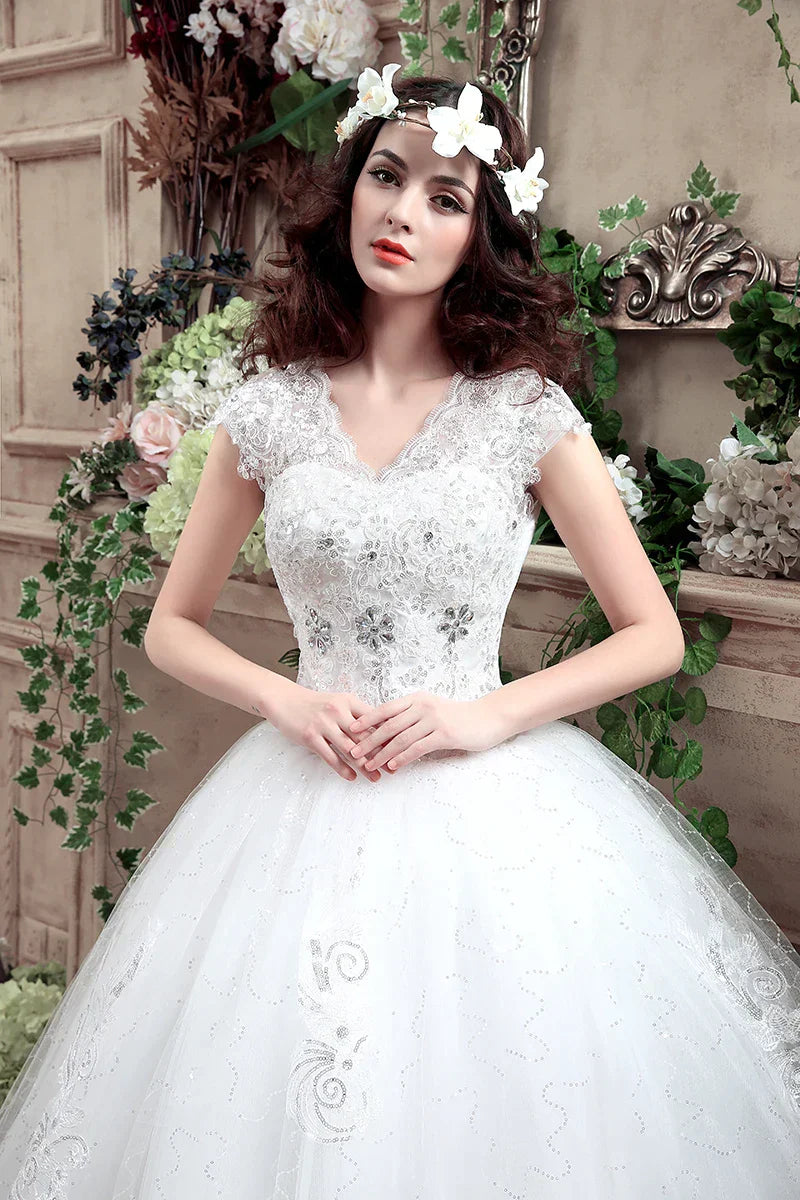 Applqiues Vestido De Noiva Cap manga Vestidos De Novia con cuello en V Vestidos De Novia