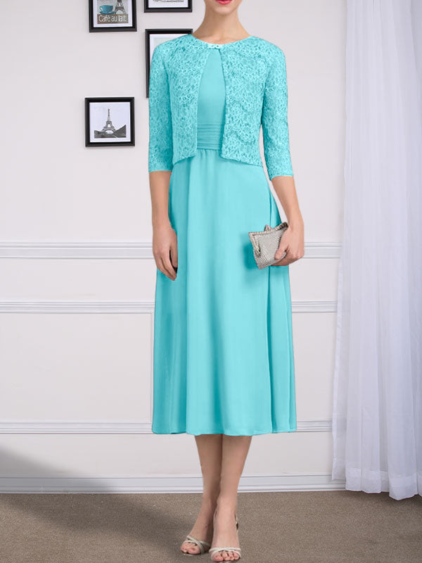 Vestido de chifón de corte línea A, largo té, para la madre de la novia, con escote redondo y pliegues.