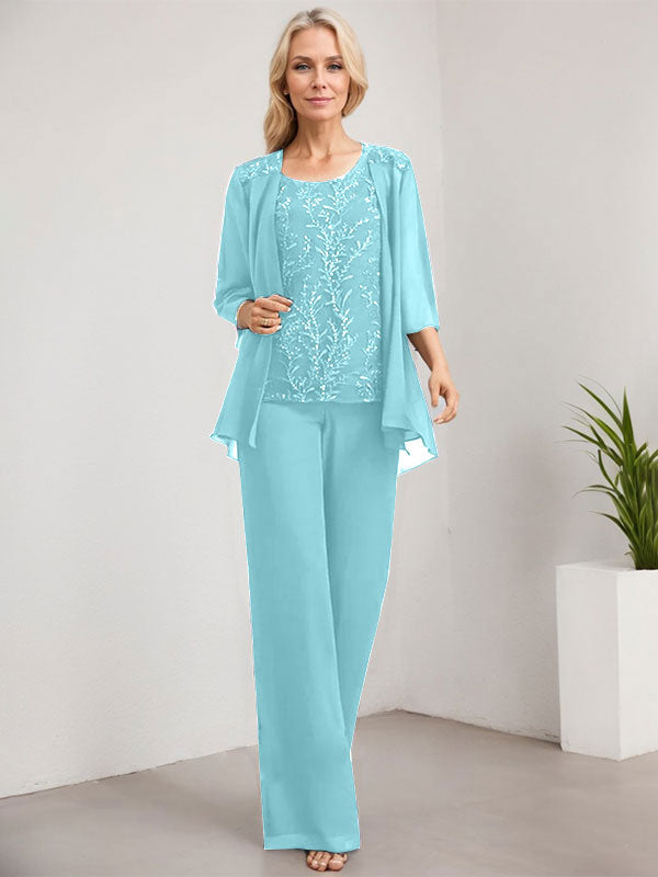 Vestido de novia de gasa con encaje y lentejuelas, estilo mono/pantalón, largo hasta el suelo, con escote redondo.