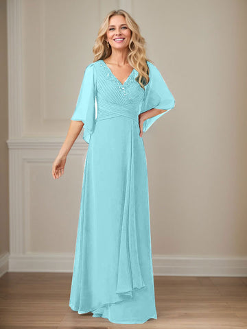 A-Line V-Neck Long Sequins Chiffon Mother Dress