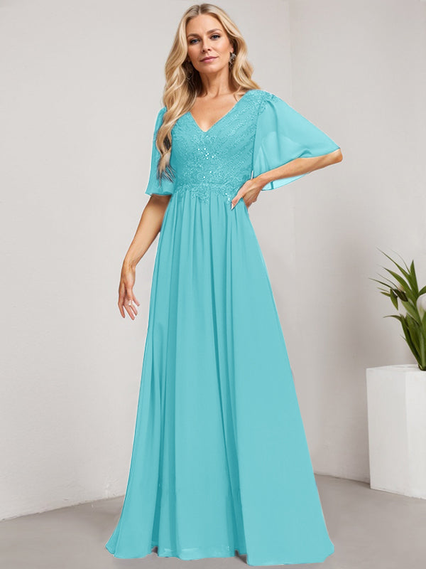 Vestido de novia de corte A, escote en V, largo hasta el suelo, de gasa de encaje con lentejuelas para la madre de la novia 