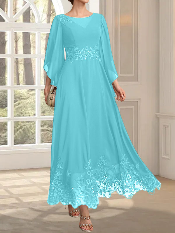 Robe de mère de la mariée en mousseline de dentelle, coupe trapèze, décolleté illusion, longueur cheville, ornée de sequins 