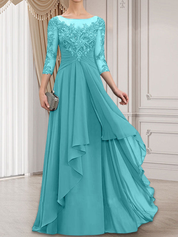 Robe de mariée en mousseline de dentelle, coupe trapèze, décolleté illusion, longueur au sol, avec volants cascade, idéale pour la mère de la mariée.