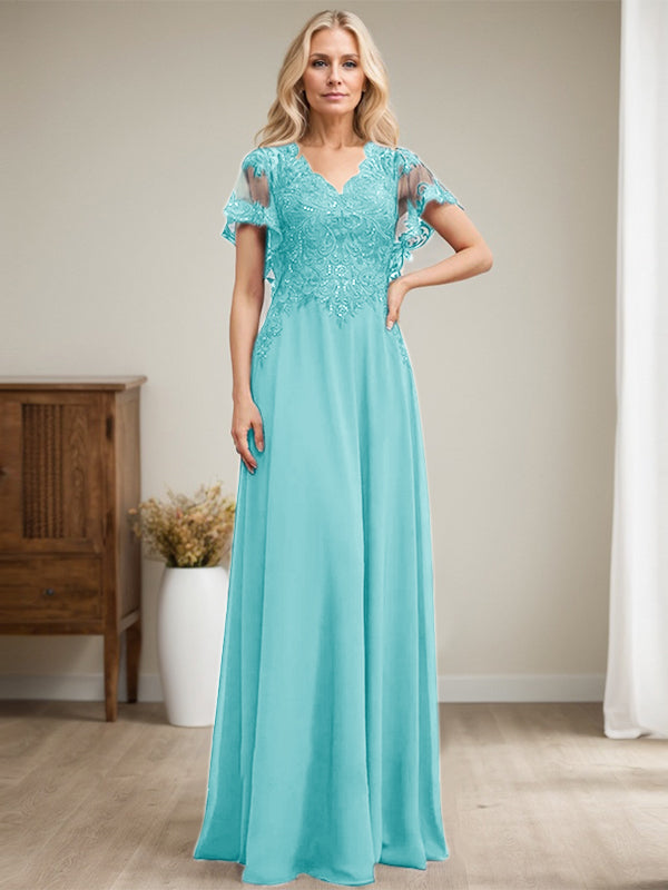 Vestido de novia de corte A, escote en V, largo hasta el suelo, de gasa de encaje con lentejuelas para la madre de la novia 