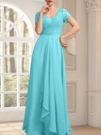 Vestido de corte A, escote corazón, largo hasta el suelo, de gasa, encaje, con cuentas y volantes en cascada para la madre de la novia.