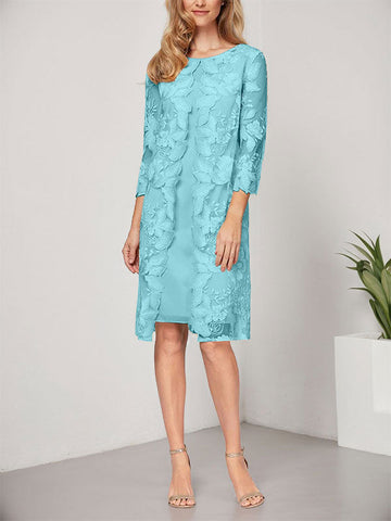 Vestido de corte A, escote redondo, largo hasta la rodilla, de gasa y encaje, para la madre de la novia, con chaqueta. 