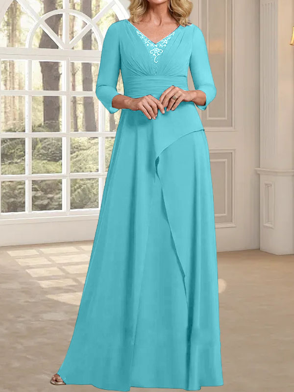 Vestido de gasa de corte A, escote en V, largo hasta el suelo, para la madre de la novia, con plisados ​​y cuentas.