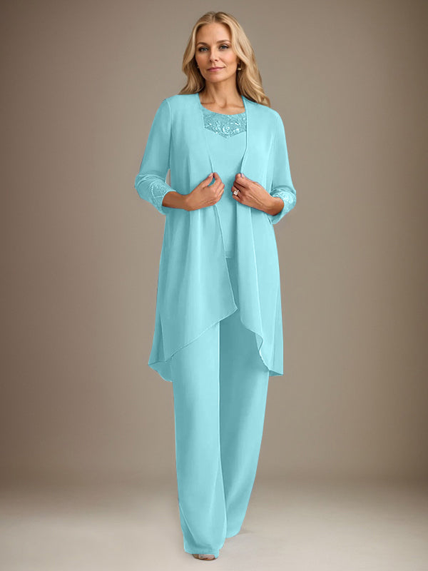 Tailleur-pantalon en mousseline à manches longues et col rond pour la mère de la mariée, avec veste 