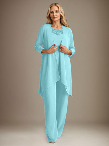 Chiffon Scoop Long Sleeves Mother Of The Bride Pantsuits With Jacket