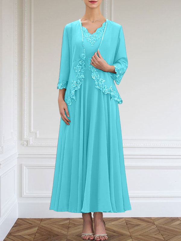 Vestido de corte A, escote en V, largo hasta el tobillo, de gasa, para la madre de la novia, con apliques de lentejuelas, encaje y pedrería.