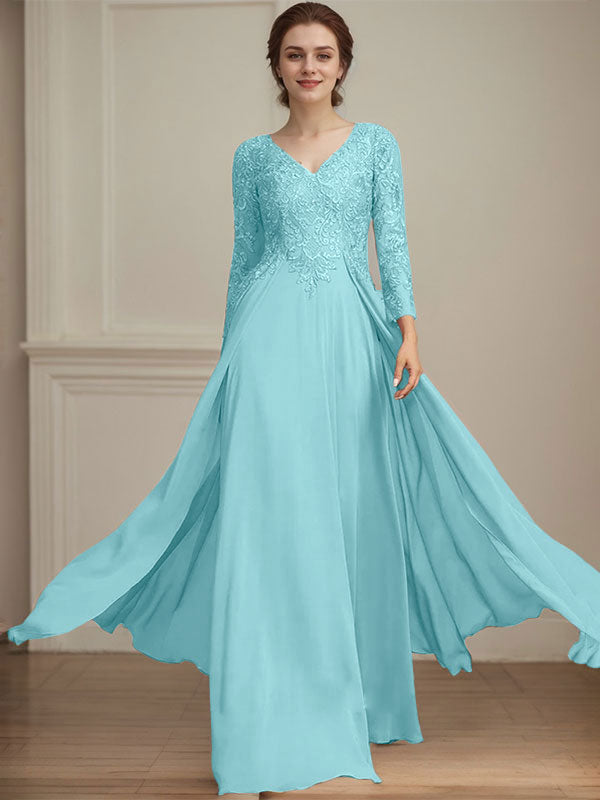 Vestido de novia de corte A, escote en V, largo hasta el suelo, de gasa de encaje con lentejuelas para la madre de la novia 