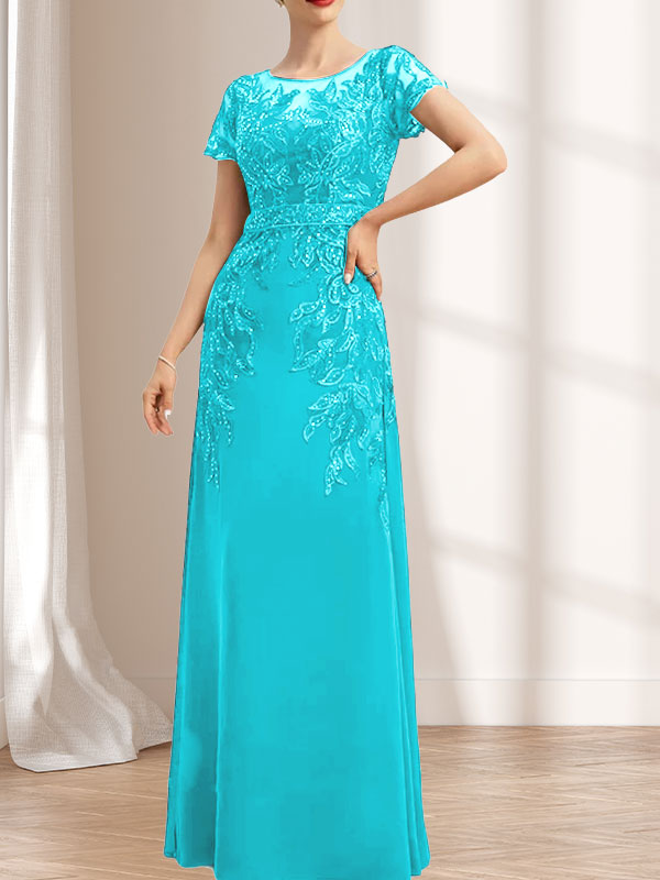 Vestido de novia de corte recto/columna, escote redondo, ilusión, largo hasta el suelo, de encaje y gasa con lentejuelas.