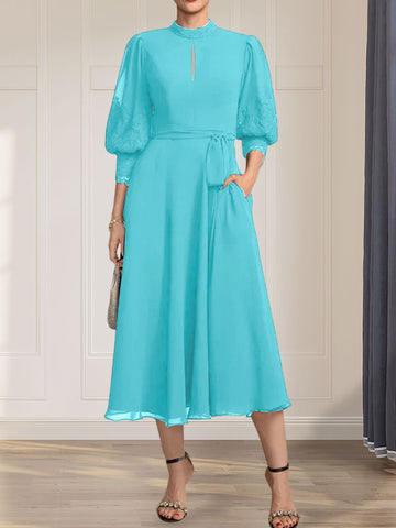 A-line High Neck Tea-Length Lace Chiffon Mother of the Bride Dress With Bow