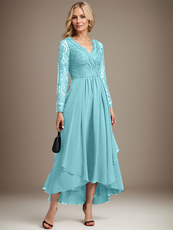 Vestido de novia de gasa con encaje asimétrico, escote en V y corte en A para la madre de la novia 