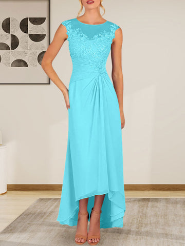 Champagne A-Line Scoop Lace Chiffon Dress