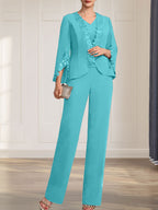 Combinaison/Tailleur-pantalon deux pièces, robe longue en mousseline à col V pour la mère de la mariée