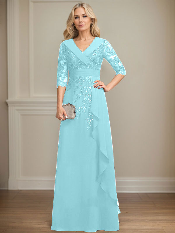 A-line Collared V-Neck Floor-Length Lace Chiffon Mother of the Bride Dress With Sequins Cascading Ruffles