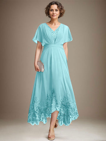 A-line V-Neck Asymmetrical Lace Chiffon Mother of the Bride Dress With Pleated
