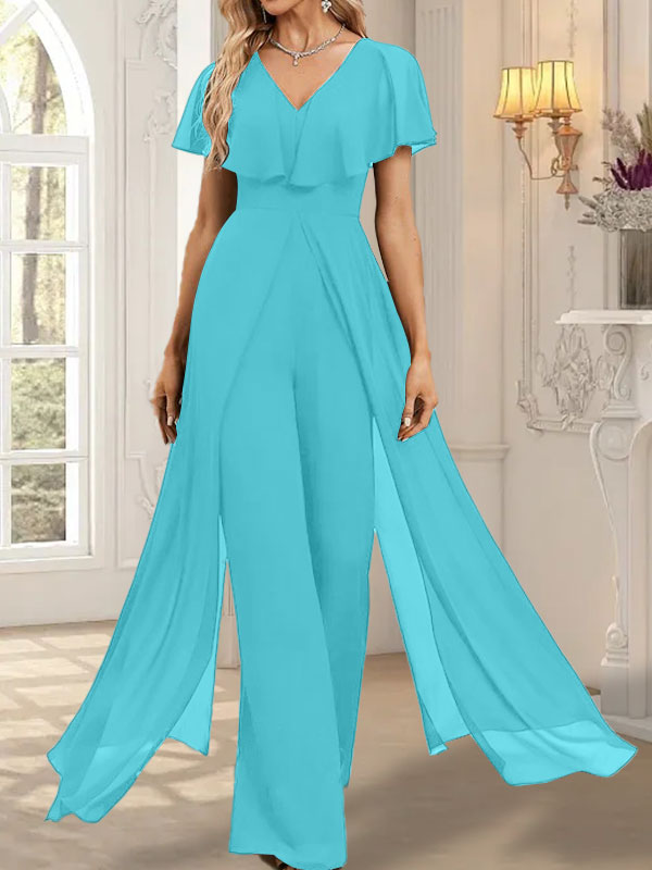 Combinaison-pantalon robe de soirée longue en mousseline à col en V